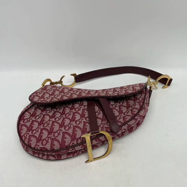 Dior Saddle Vintage Medium Red Burgundy Monogram Oblique Shoulder Bag 2002
