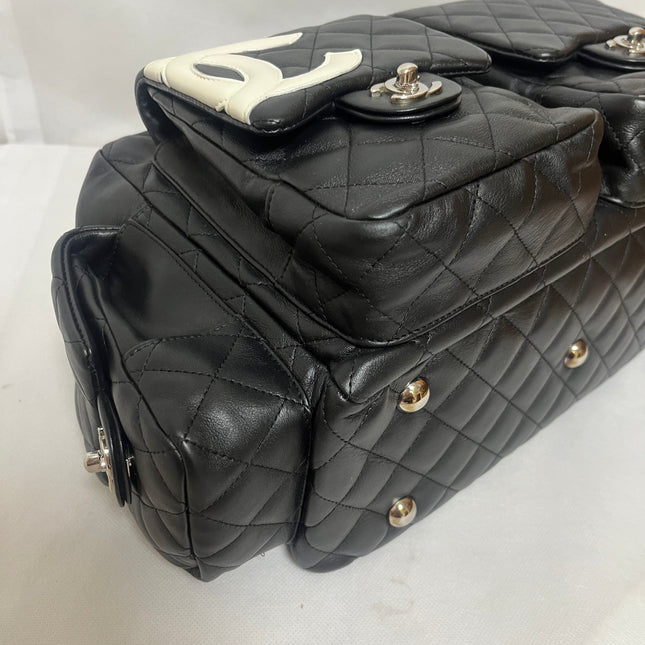 Chanel Cambon Multi-pocket Ligne Reporter Bag Large Black Calfskin Leather White Logo