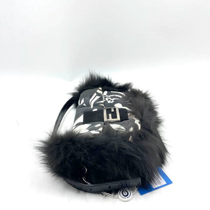 Fendi Baguette Black Print Fabric and Furry Shoulder Bag