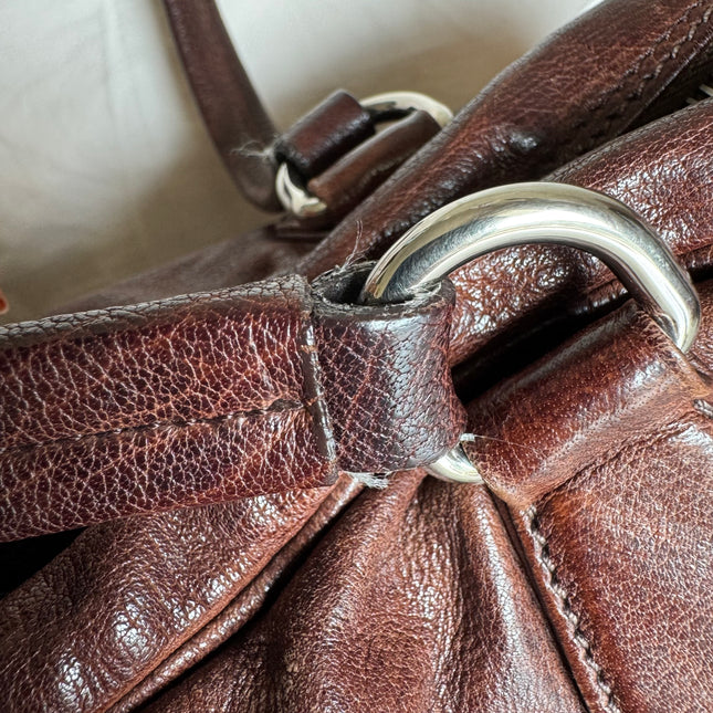 Prada Large Brown Washed Top Handle Bauletto Bag Calfksin Leather