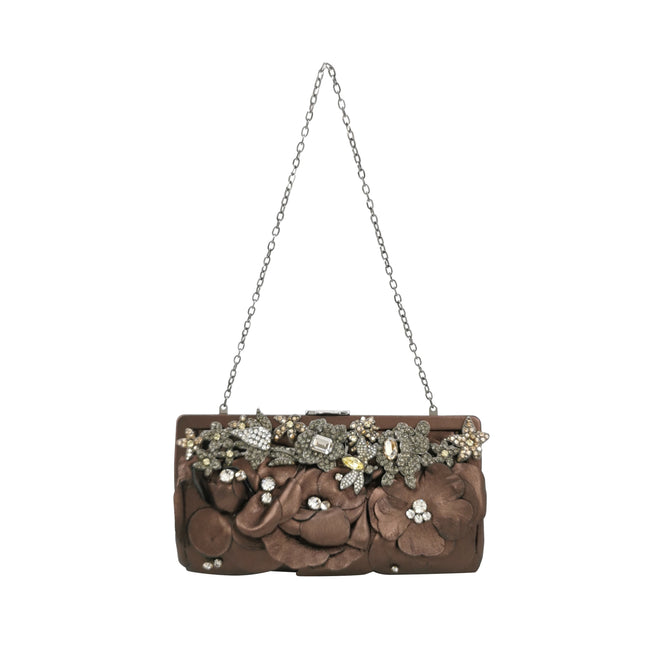 Valentino Flower And Crystal Embellished Metallic Copper Lambskin Leather Clutch-Luxbags