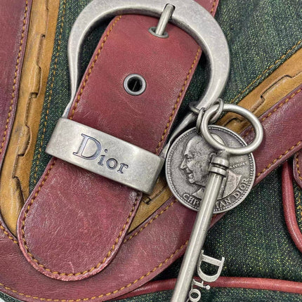 Dior Vintage Gaucho Mini Green Denim Burgundy Leather Crossbody Bag 2006