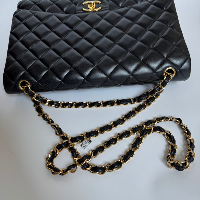 Chanel Classic Flap Maxi Black Lambskin Leather Double Flap with Gold-tone Hardware