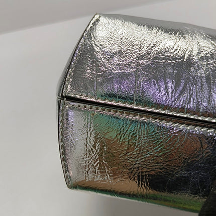 Fendi First Small Silver Shiny Calfskin Leather Clutch with Shoulder Strap