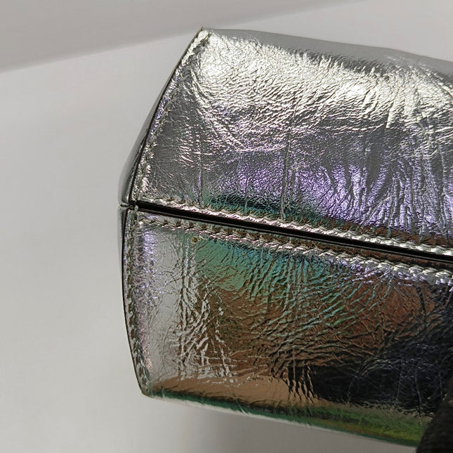 Fendi First Small Silver Shiny Calfskin Leather Clutch with Shoulder Strap