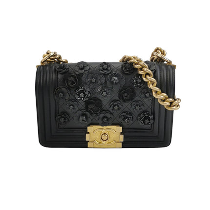 Chanel Le Boy Bag Small Camellia Black Lambskin Leather Gold Hardware