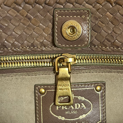 Prada Madras Brown Woven Leather Top Handle Shopping Tote