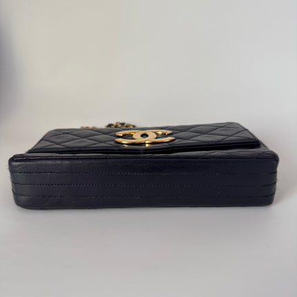 Chanel Vintage Classic Flap Mini Navy Lambskin Mega CC Logo 24k Gold HW, 1989-1991