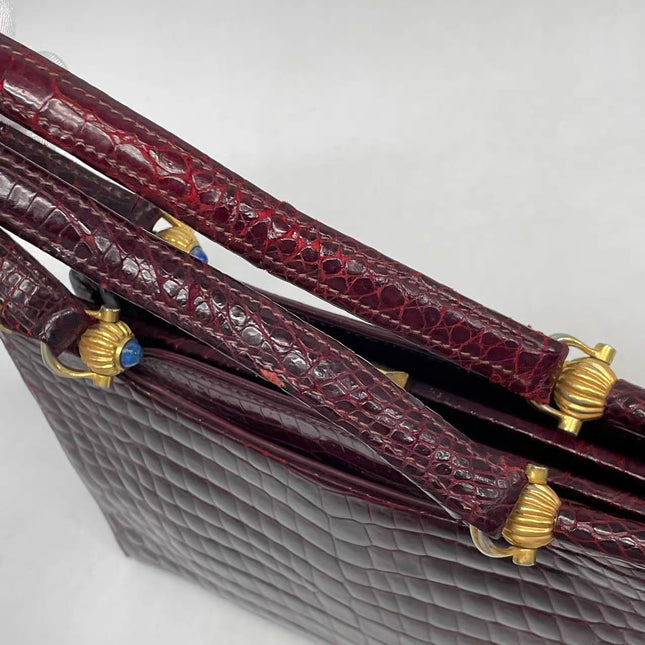 Gucci Vintage Burgundy Alligator Leather Blue Lapis Lazuli Stone Gold-tone Hardware Handbag