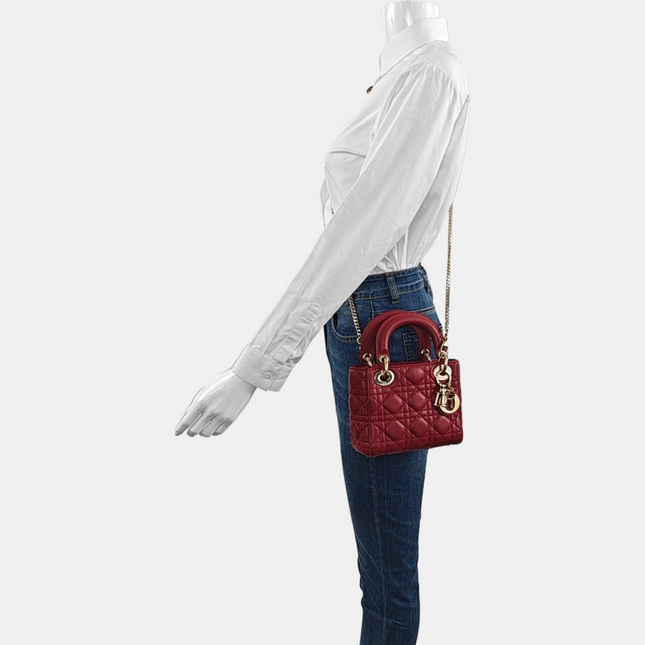 Lady Dior Mini Red Lambskin Leather Gold HW Chain Strap