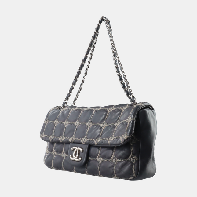 Chanel Tweed Square Stitch on Leather Bubble Grey Medium Shoulder Bag