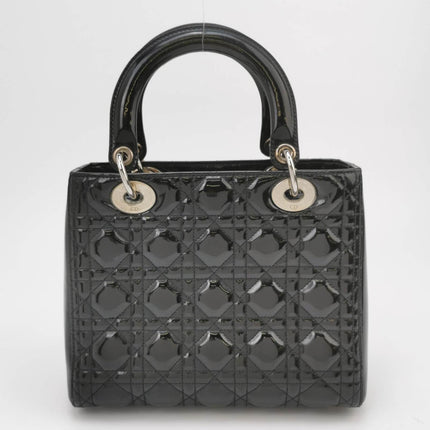 Lady Dior Medium Black Patent Leather Handbag with Silver Hardware