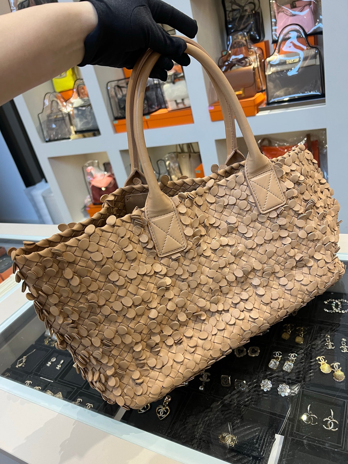 Bottega Veneta Cabat Limited Tan Poussin Paillettes Tote Beige