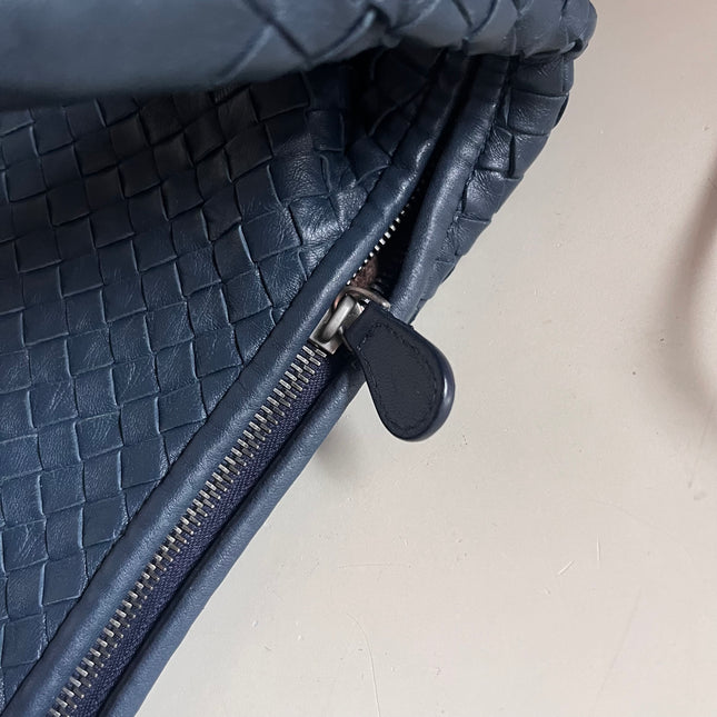 Sold Bottega Veneta Veneta Hobo Medium Navy Intrecciato Leather Bag