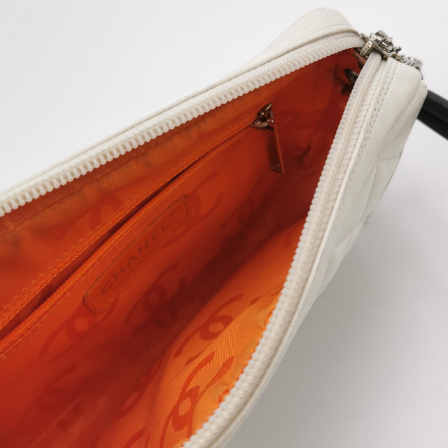 Chanel Cambon Clutch White Leather Snake Skin CC Logo Black Strap