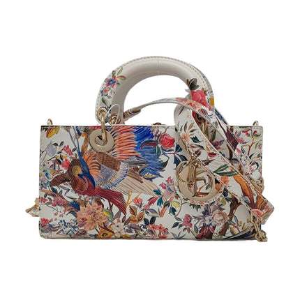 Lady D-Joy Medium Bird and Flower Embroidery Calfskin Leather