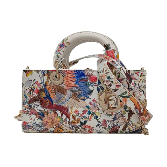 Lady D-Joy Medium Bird and Flower Embroidery Calfskin Leather