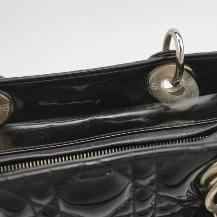 Lady Dior Medium Black Patent Leather Handbag with Silver Hardware