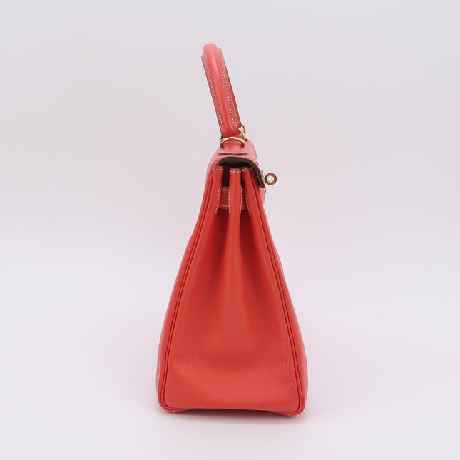 Hermes Kelly 28 Retourne Calfskin Leather Rose Exterior Brown Interior Gold Hardware Double Ring