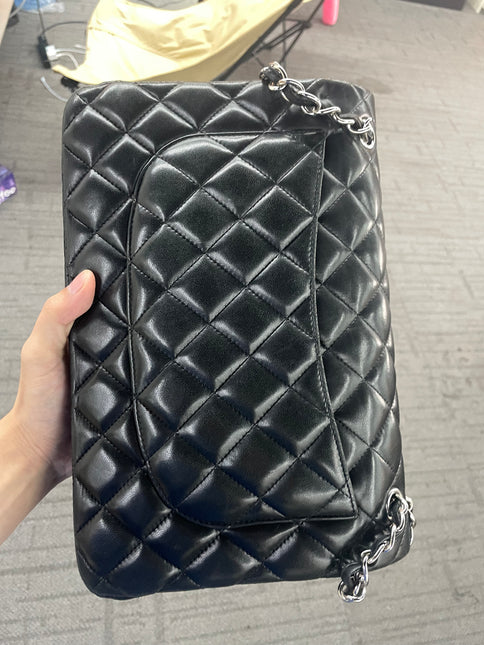Chanel Classic Flap Jumbo Black Lambskin Leather Double Flap Silver Hardware 2012