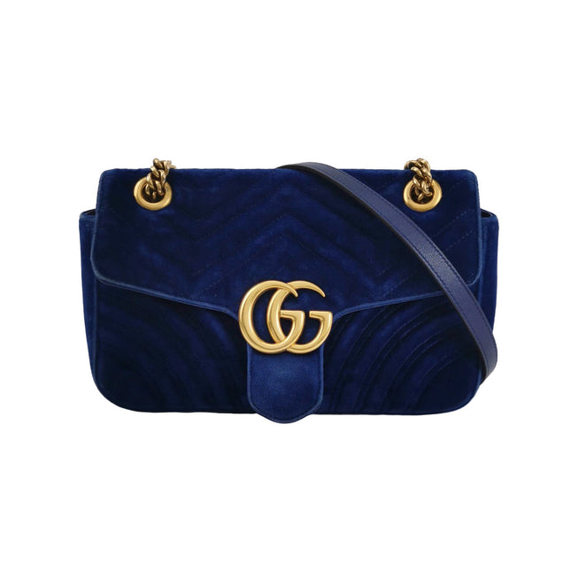 Gucci Marmont Small Flap Turquoise Navy Velvet Handbag-Luxbags