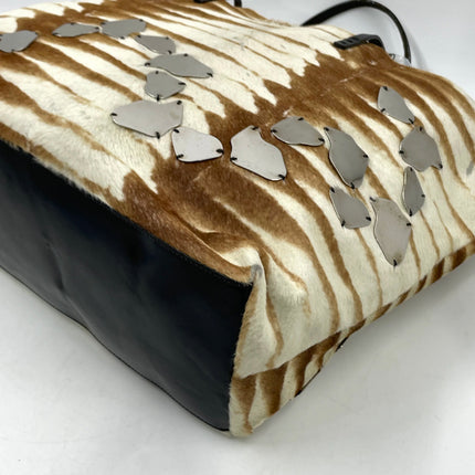Fendi Brown and White Zebra Print Ponyhair Tote with Metal Plates