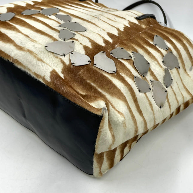Fendi Brown and White Zebra Print Ponyhair Tote with Metal Plates