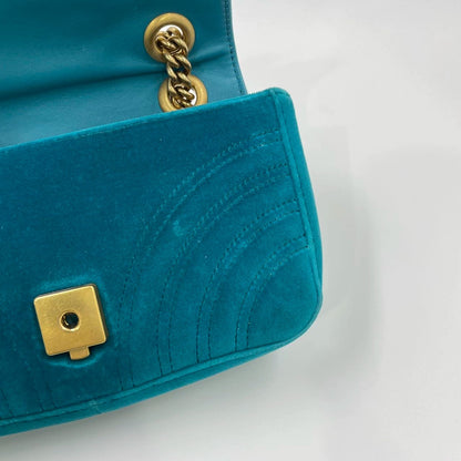 Gucci Marmont Small Flap Turquoise Blue Velvet Handbag