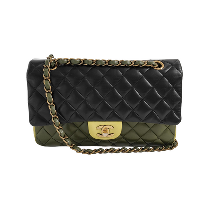 Chanel Timeless Classic Flap Medium Tricolor Black Green Lambskin Leather Gold-tone Hardware-Luxbags