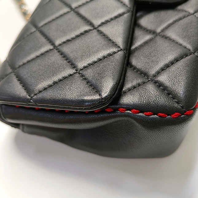 Chanel Black Lambskin Red Stitching Single Flap Double Chain Bag 2017