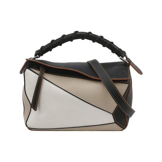 Loewe Puzzle Small Tricolor Black Grey Calfskin Leather Braided Handle Crossbody Bag-Luxbags