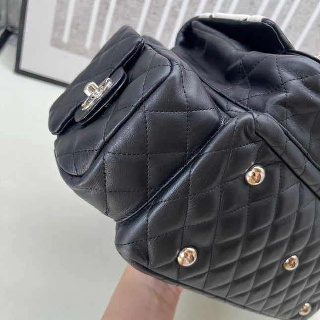 Chanel Cambon Multi-pocket Ligne Reporter Bag Large Black Calfskin Leather White Logo