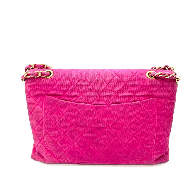Chanel RARE Vintage Classic Maxi 34 Flap Hot Pink Denim Giant CC 24 Gold Hardware