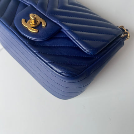 Chanel Classic Flap Mini Square Chevron Stitching Blue Lambskin Gold Hardware Crossbody Bag