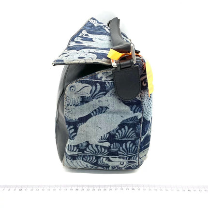 Loewe Puzzle Large Navy Leather and Denim Bird Print