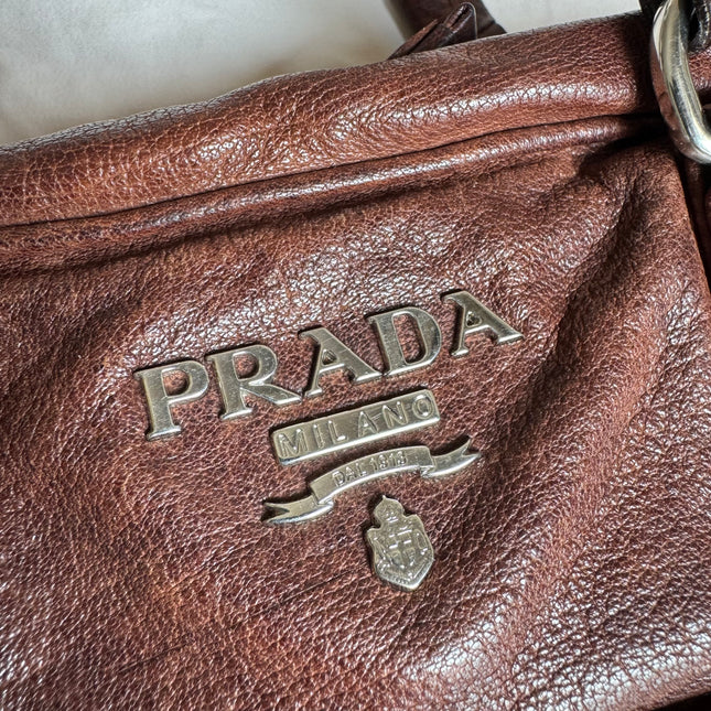 Prada Large Brown Washed Top Handle Bauletto Bag Calfksin Leather