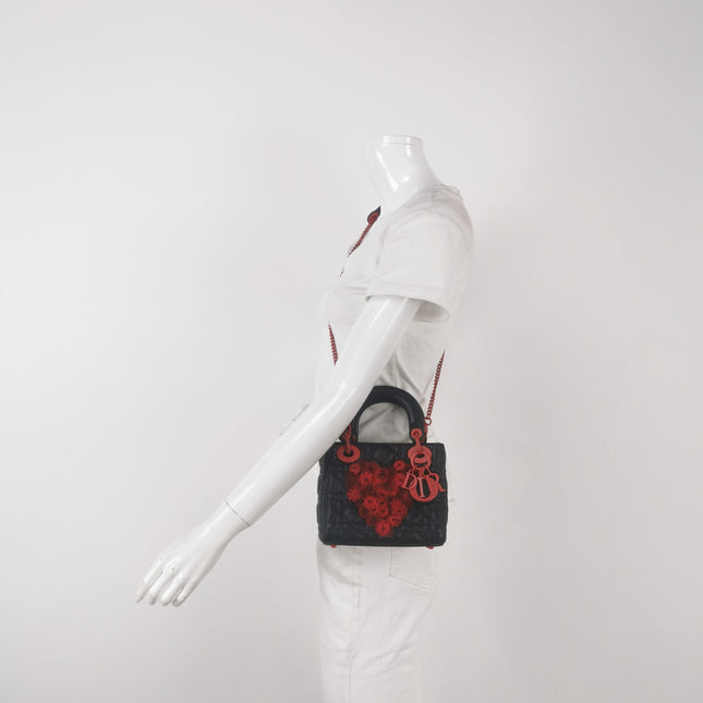Lady Dior Mini Black Lambskin Leather Red Tulle Ruffle Heart Silver Hardware 2019