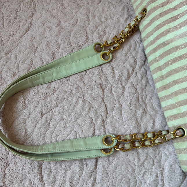 Chanel Vintage XXL Maxi Pink Striped Travel Flap Bag Canvas Gold Hardware