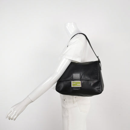 Fendi Mamma Baguette Black Lambskin Leather Green Enamel Buckle