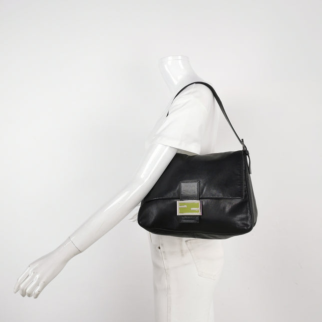 Fendi Mamma Baguette Black Lambskin Leather Green Enamel Buckle