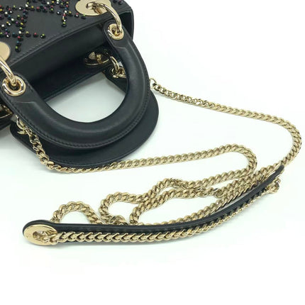 Lady Dior Mini Black Calfskin Leather with Multicolor Crystals Gold Hardware