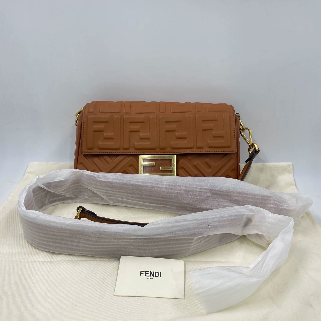 Fendi Baguette Caramel Tan Brown Lambskin Leather Crossbody Bag Medium