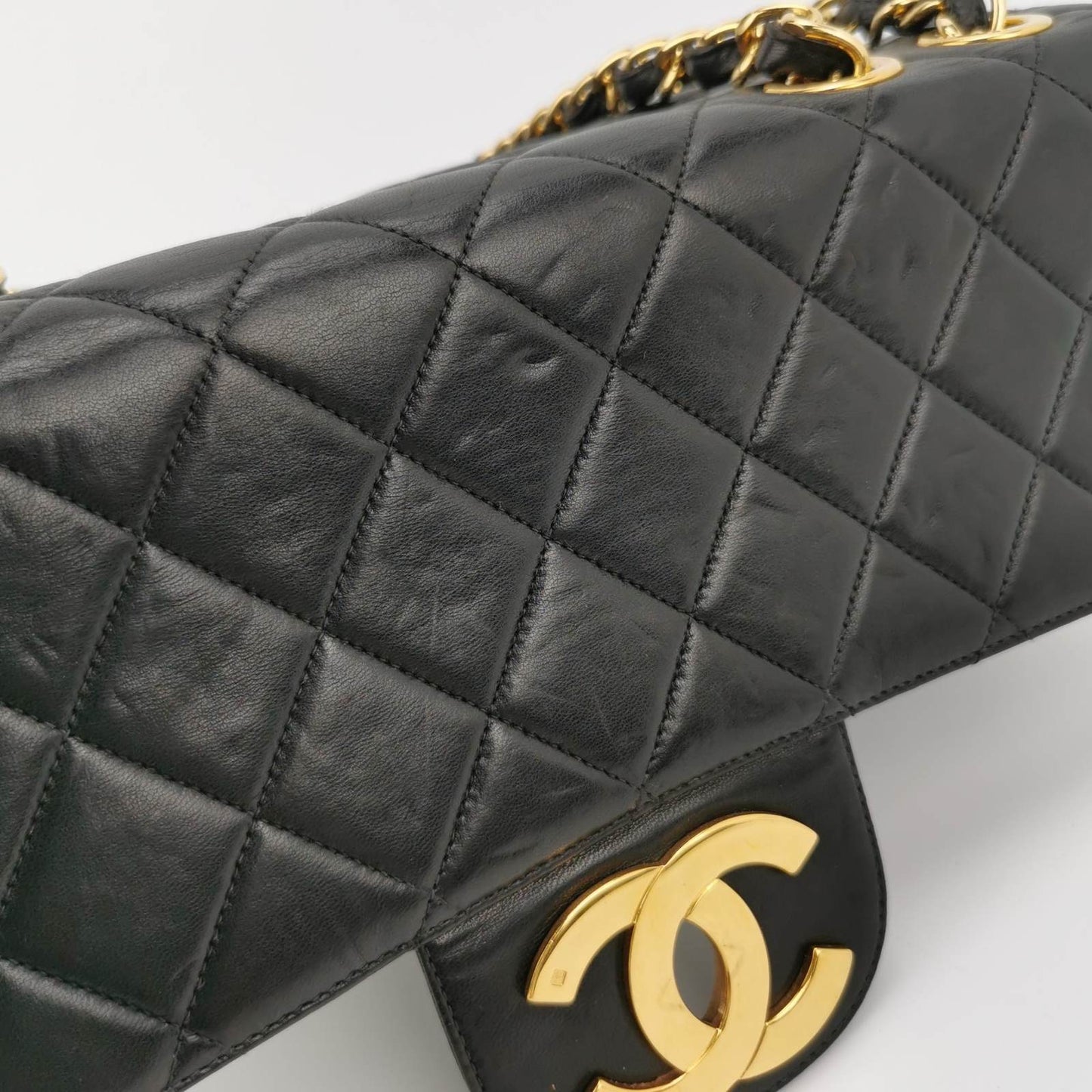 Sold Chanel Classic Flap Large 1994 Vintage Black Lambskin Leather 24k Gold Plated Mega CC Logo