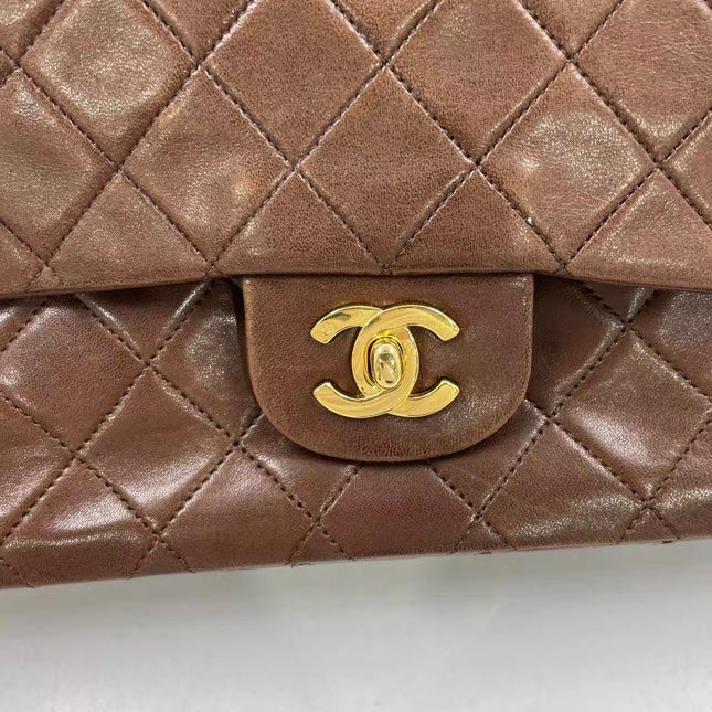 Chanel Classic Flap Rare Vintage Medium Brown Lambskin Leather 24k Gold Hardware 1989-1991