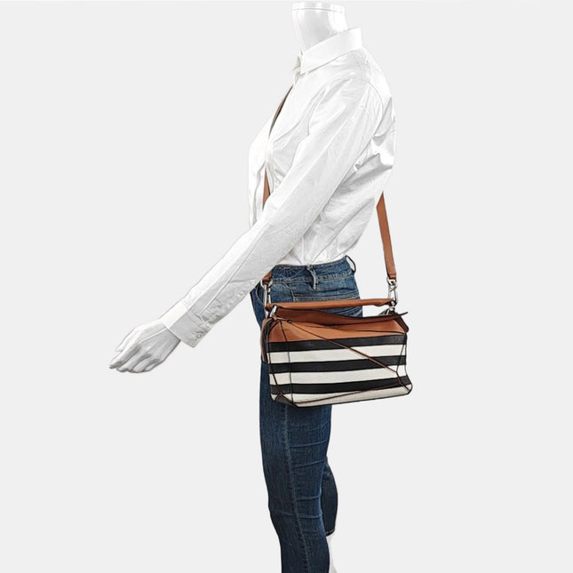 Loewe Puzzle Small Black White Brown Stripes Crossbody Bag 2019