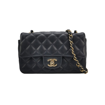Chanel Classic Flap Mini Rectangular Navy Lambskin Leather Gold Hardware Microchip