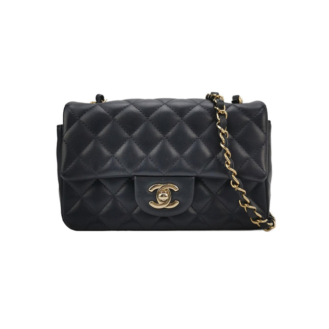 Chanel Classic Flap Mini Rectangular Navy Lambskin Leather Gold Hardware Microchip