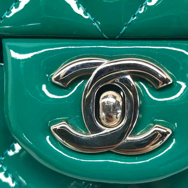 Chanel Classic Flap Medium Teal Blue Green Patent Leather Silver Hardware 2014-15