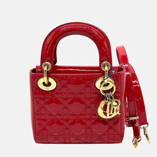 Lady Dior Patent Leather Red Mini handbag with gold hardware-Luxbags