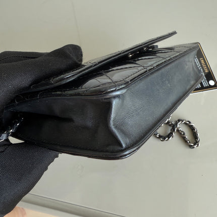 Chanel Wallet on Chain Classic Flap Black Patent Leather Silver Hardware